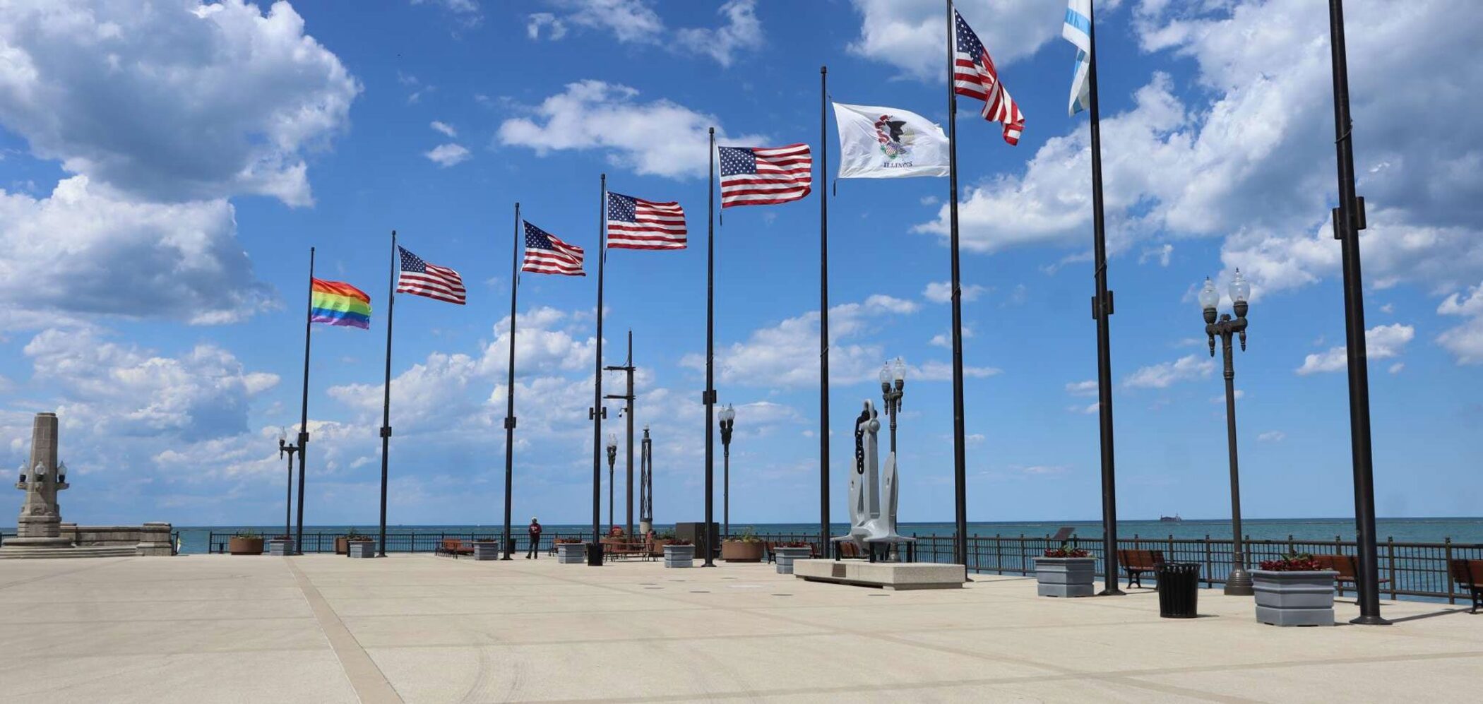 Flag poles at the East End Plaza at Navy Pier