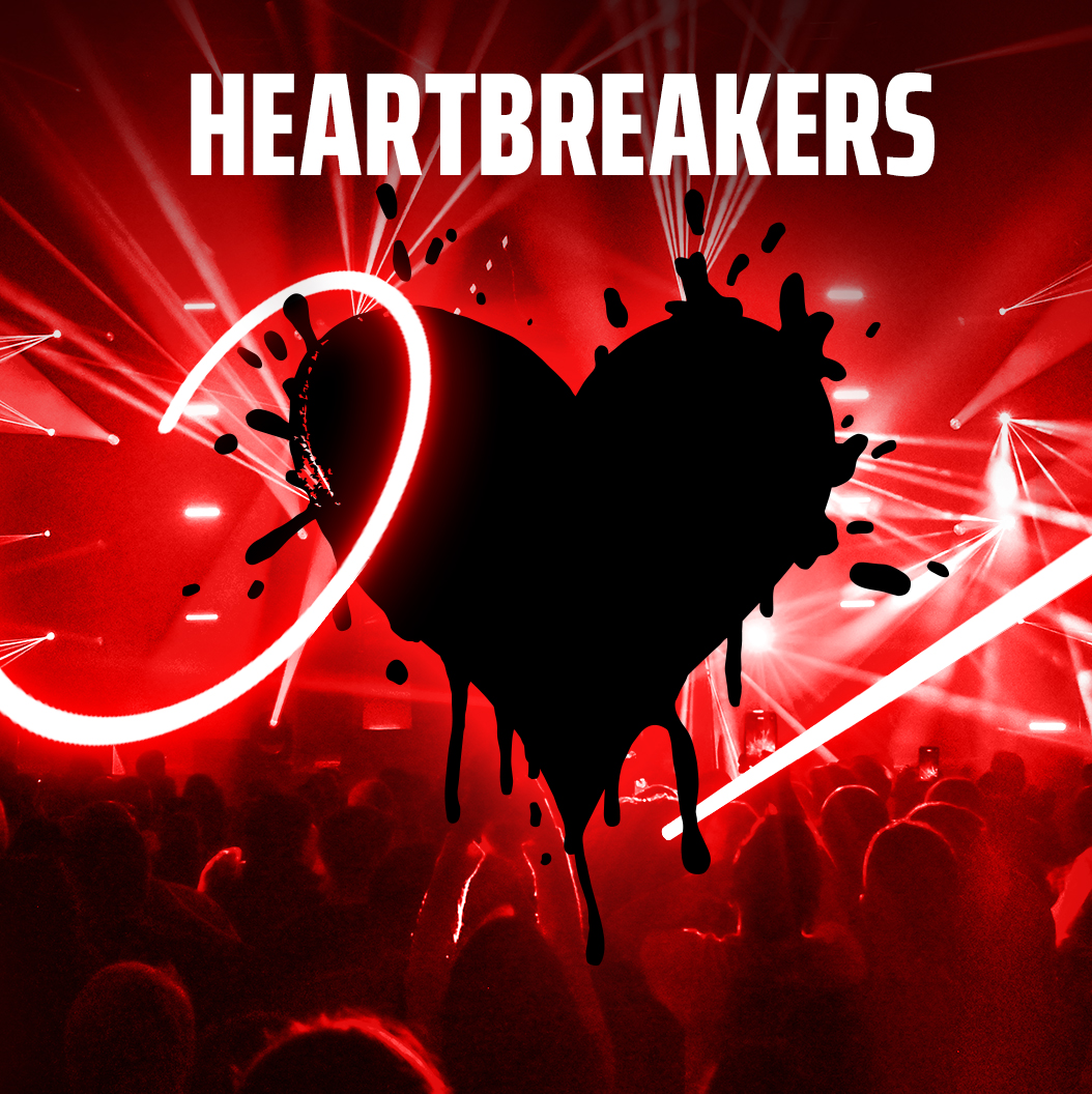 Heartbreakers key art with a black splattered heart on red stage lights