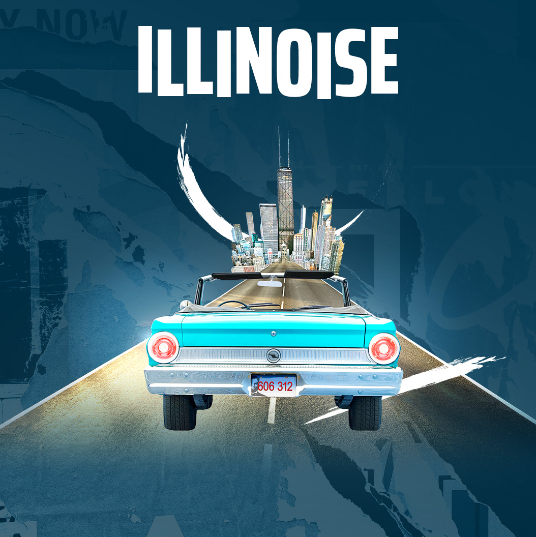 Illinoise key art with a car carrying the Chicago skyline on a highway