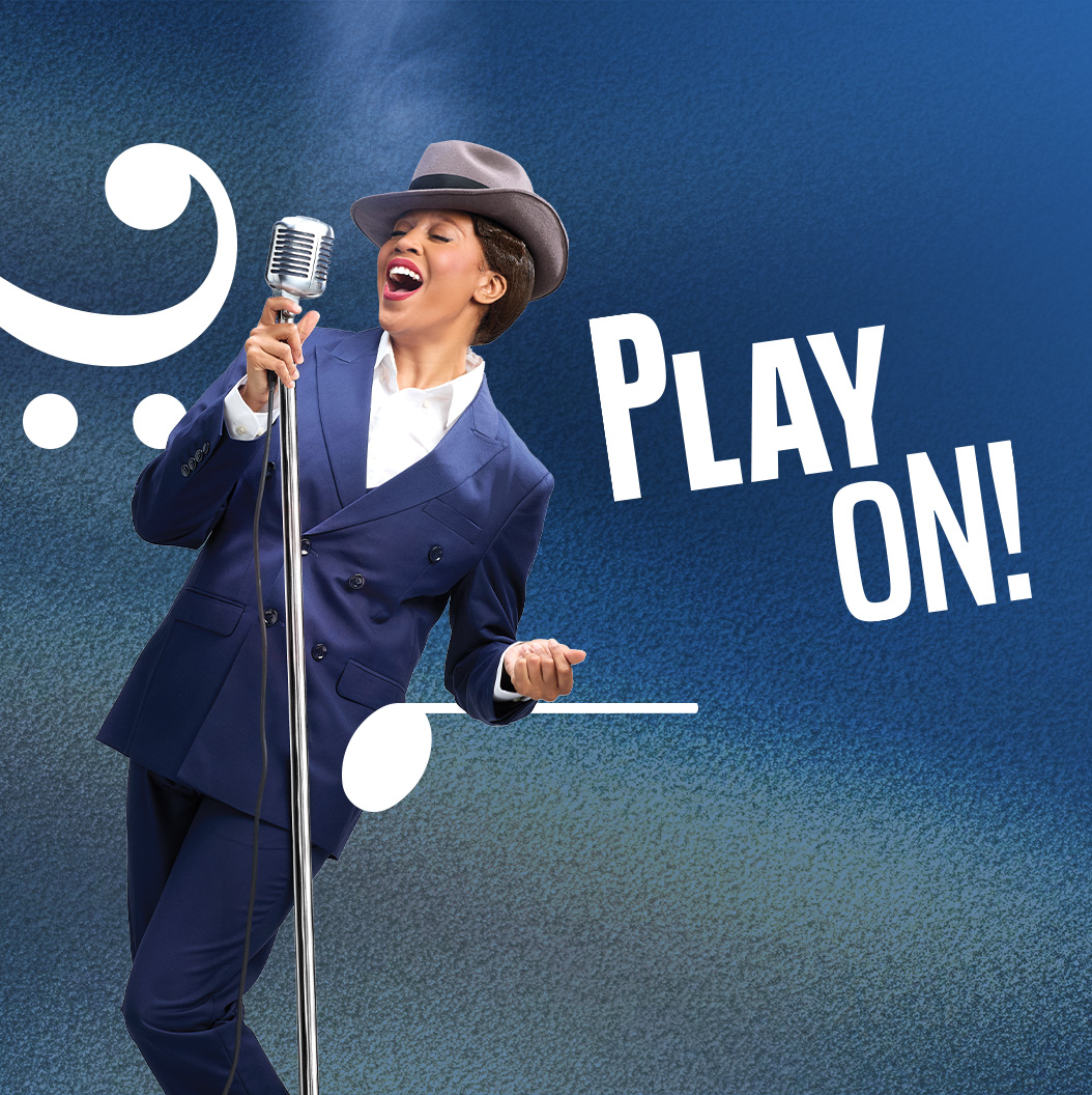 Play On! key art with a performer in a blue suit at a microphone