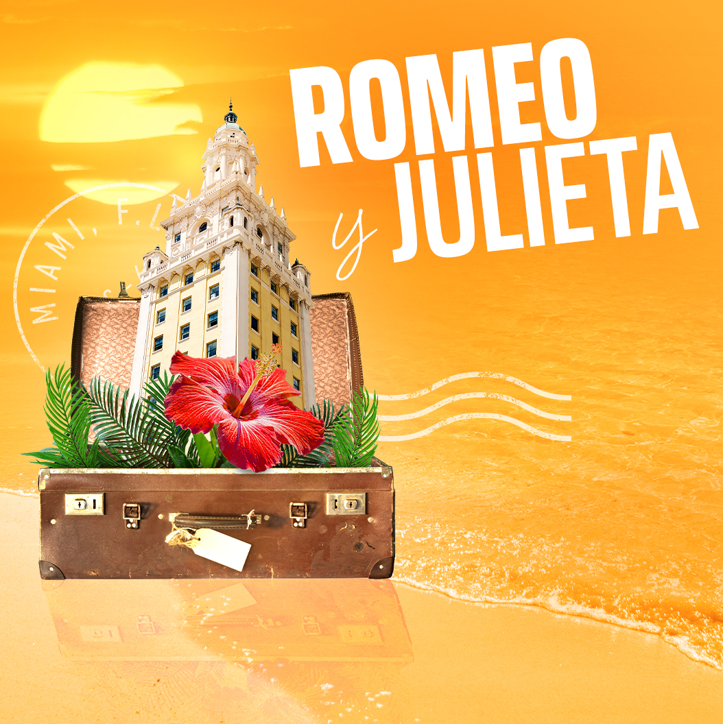 Romeo y Julieta key art with a suitcase and Miami skyline on a beach