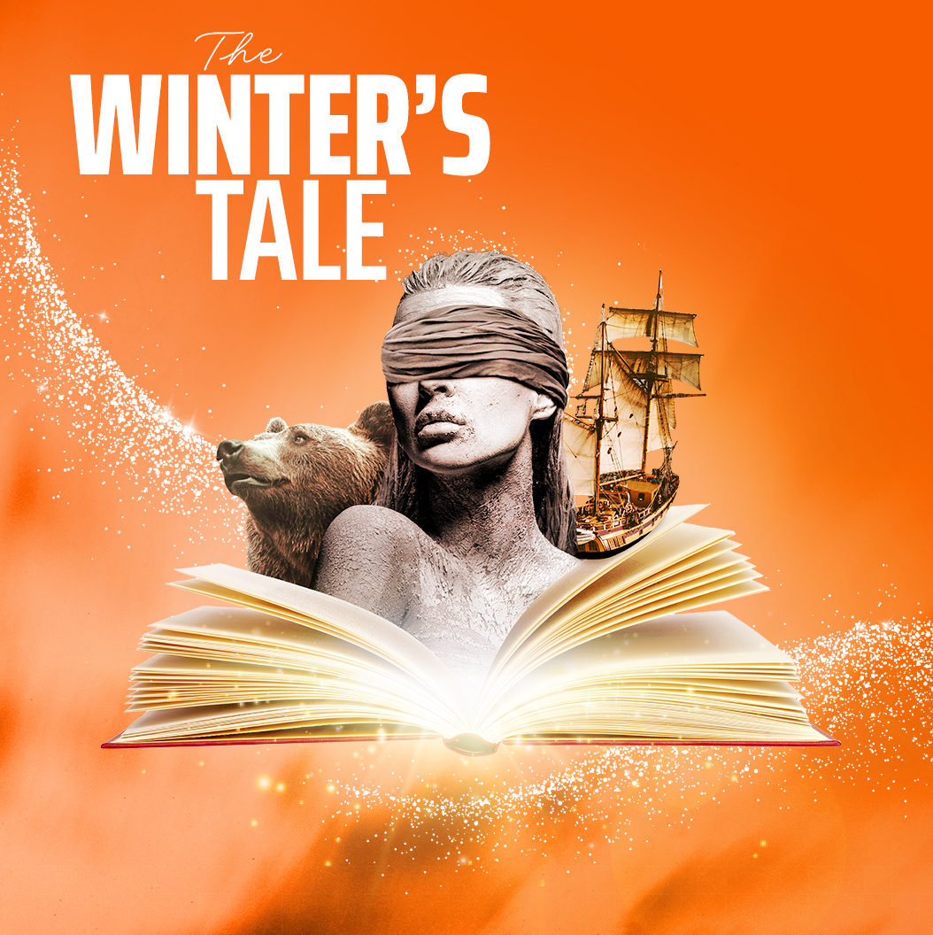 The Winter's Tale key art with a blindfolded figure above an open book