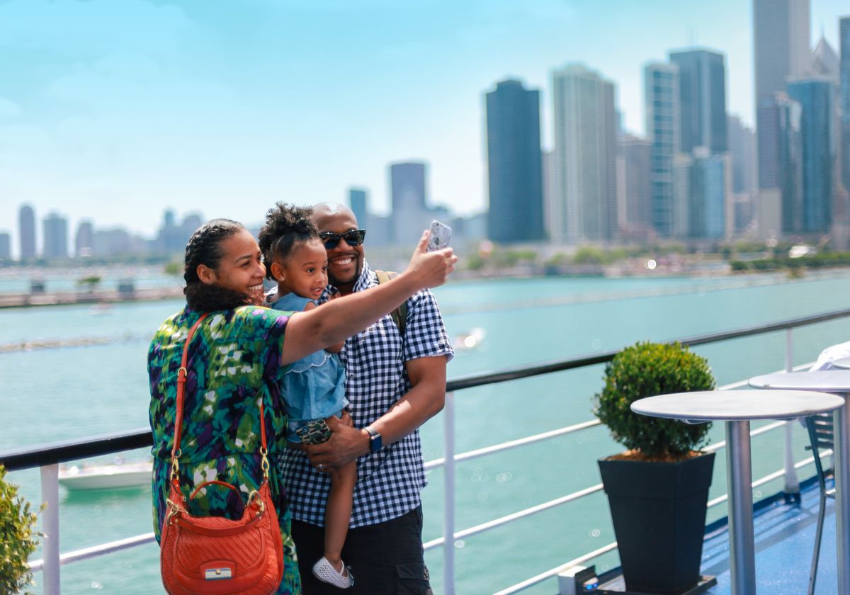 Family Selfie at Mother's Day Premier Brunch at Navy Pier with Chicago Skyline