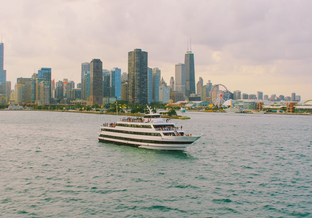View of Navy Pier and Chicago Skyline with Cruise Ship in Lake
