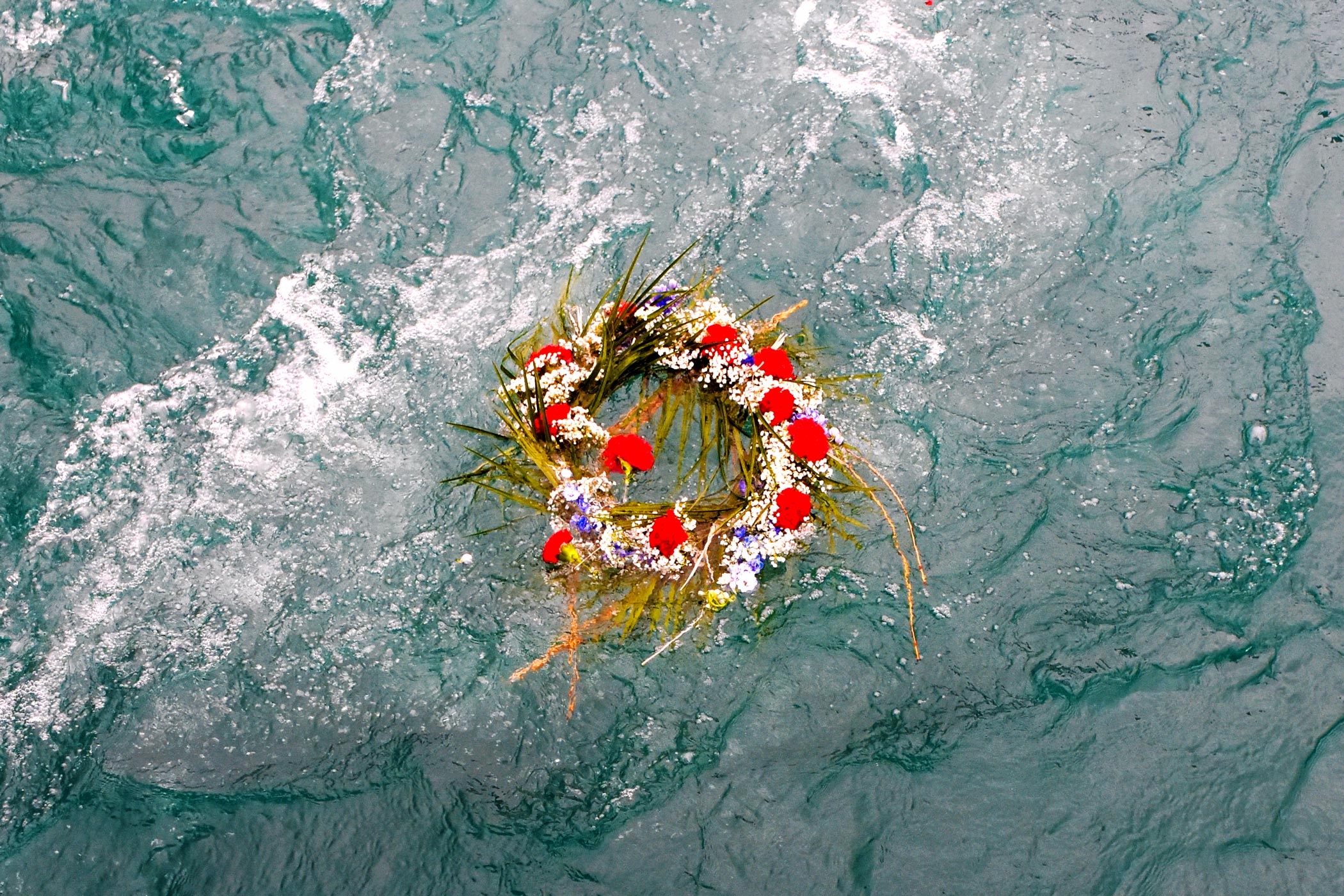 Wreath Floating in Water at Blessing of the Fleet at Navy Pier