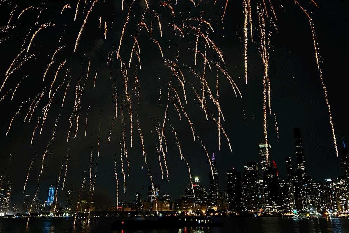 View of Fireworks and Chicago Skyline from Tall Ship Windy at Navy Pier
