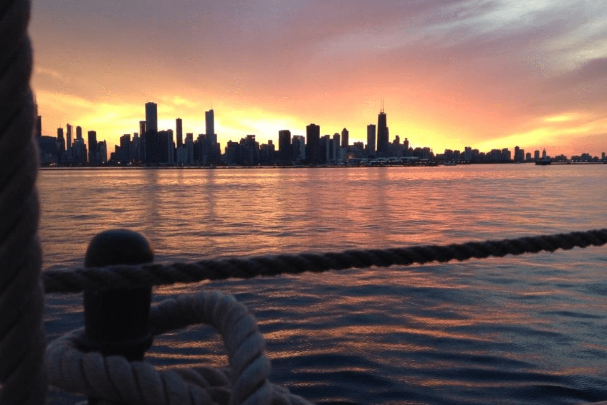 Sunset View of Chicago from Navy Pier's Tall Ship Windy