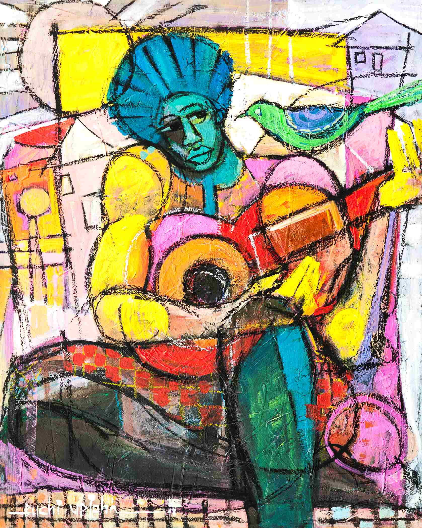 Colorful Artwork of Man Playing Guitar at PERSPECTIVE Exhibition at Navy Pier