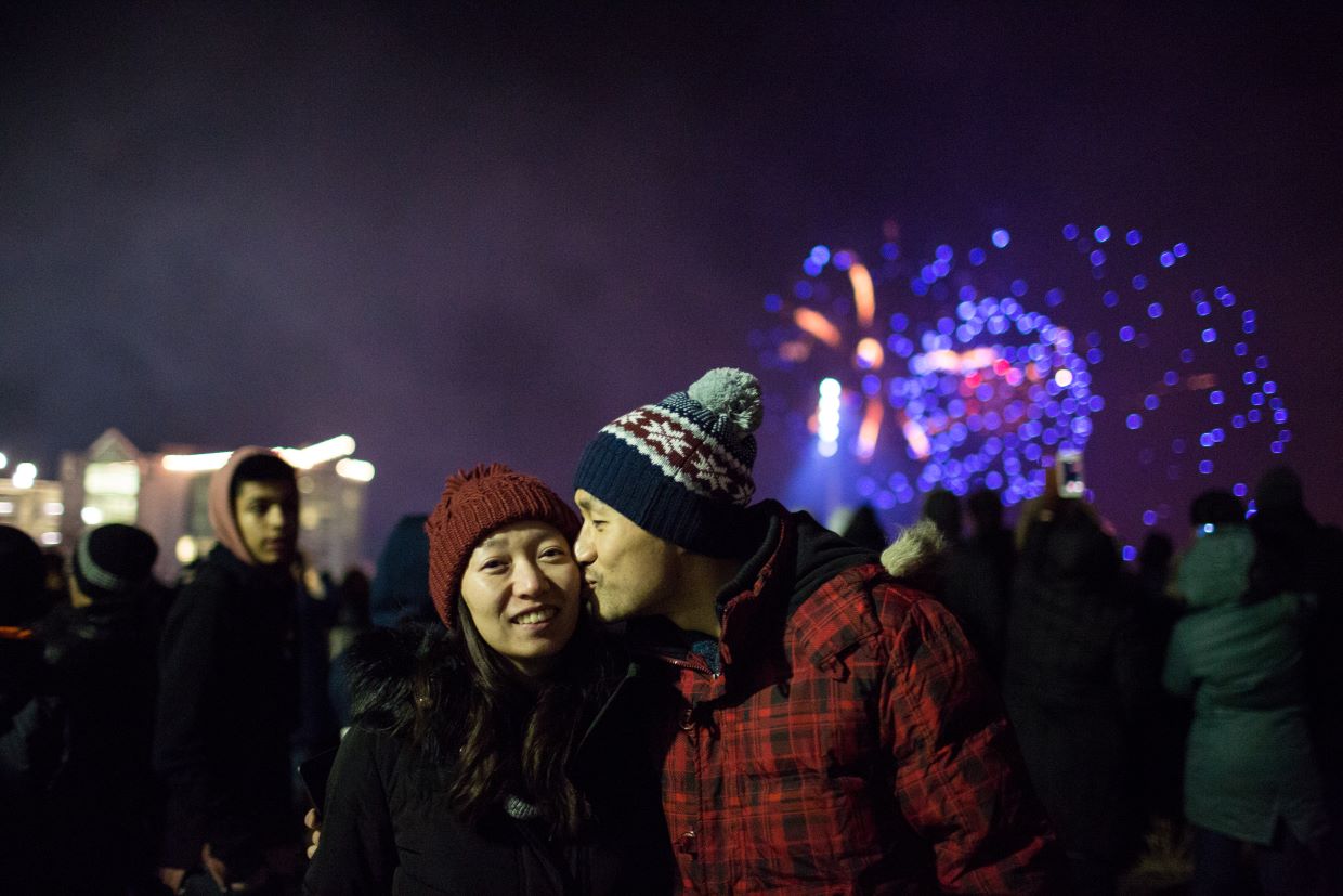 Couple at Navy Pier for Winter Fireworks