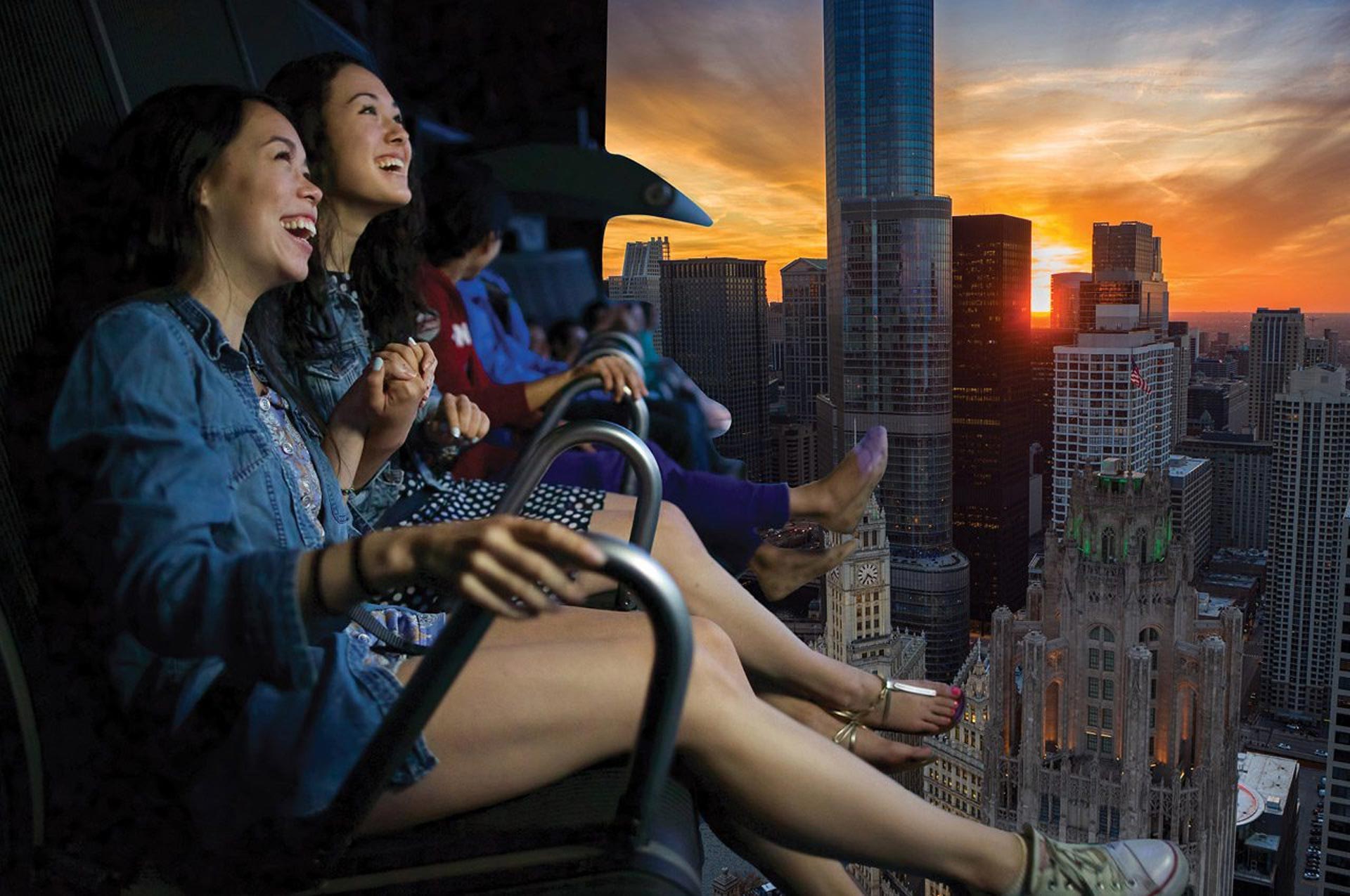 Women enjoying the FlyOver Chicago attraction at Navy Pier