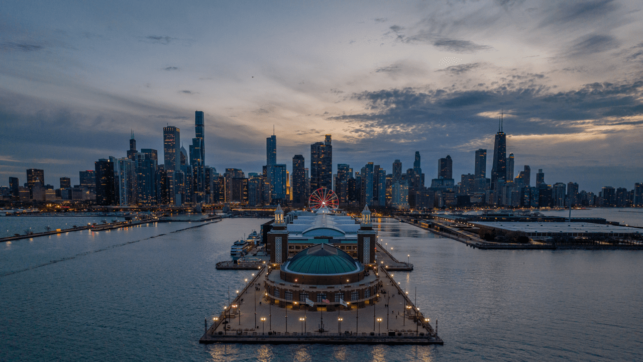 Navy Pier iconic landmark with downtown Chicago