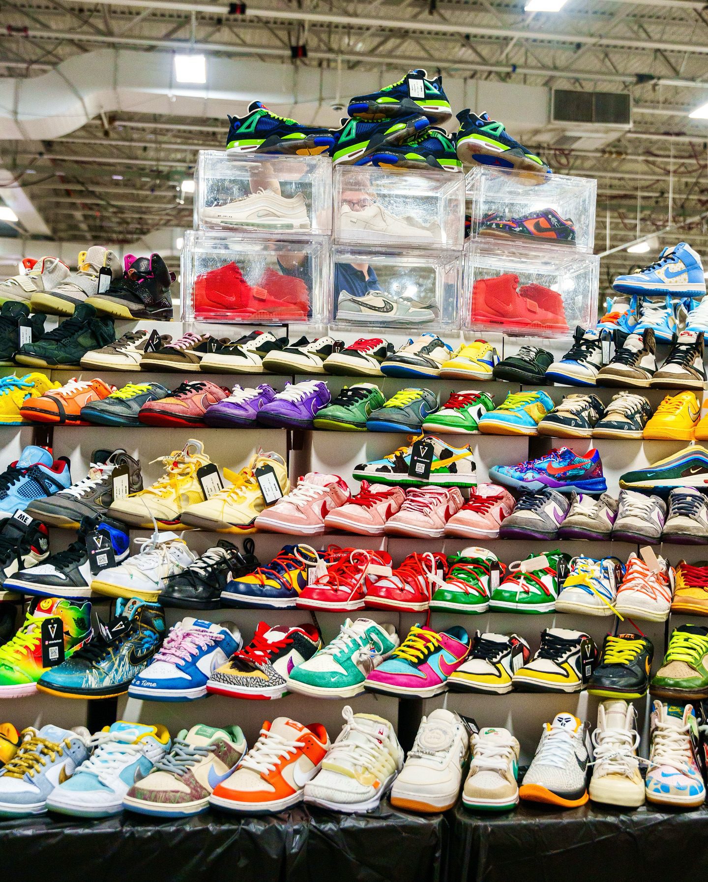 Rows of rare sneakers showcased during Got Sole sneaker expo at Navy Pier