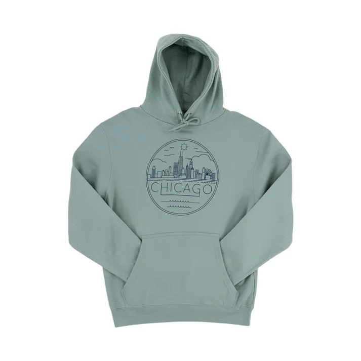 Seafoam green hoodie featuring a Chicago skyline design, perfect for Navy Pier visitors.