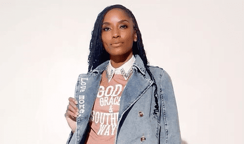 Fashion model showcasing confidence apparel with empowering messages for Navy Pier visitors.