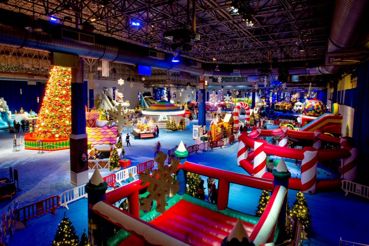 colorful winter wonderland with giant Christmas tree and attractions at Navy Pier