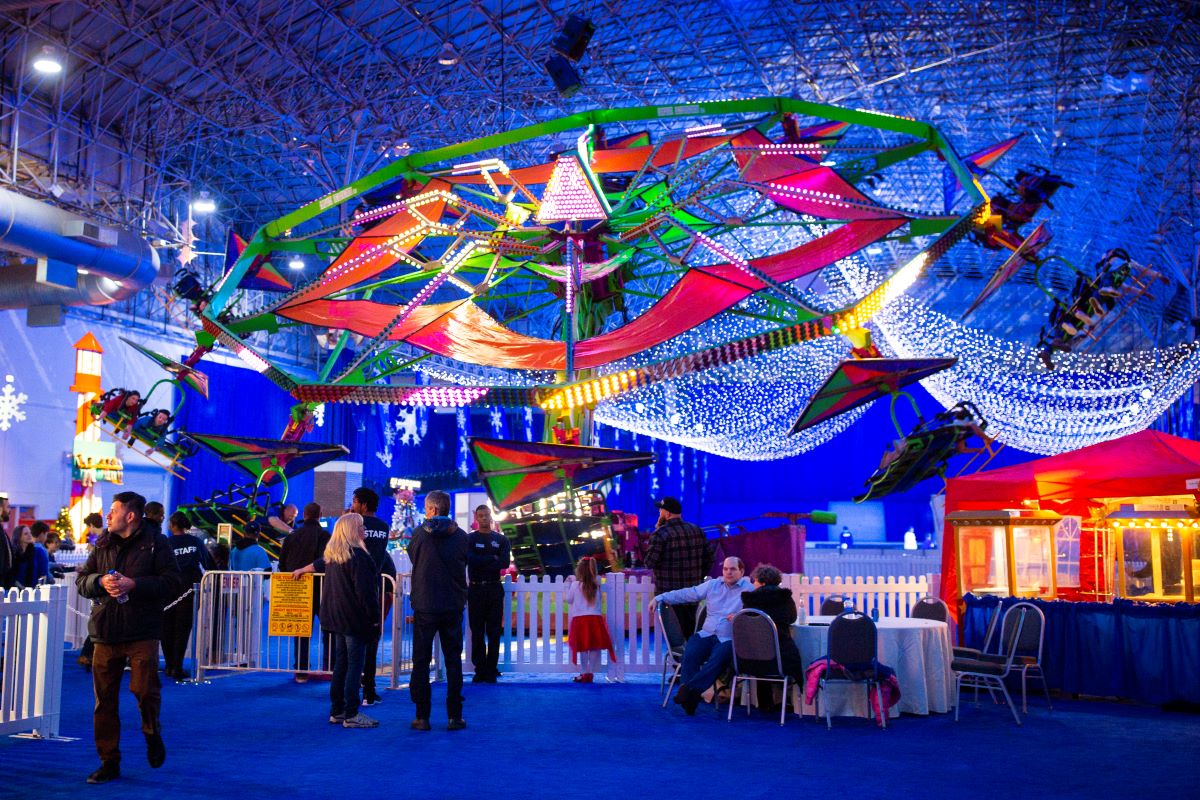 Colorful rides and festive lights at Winter WonderFest in Navy Pier, Chicago.