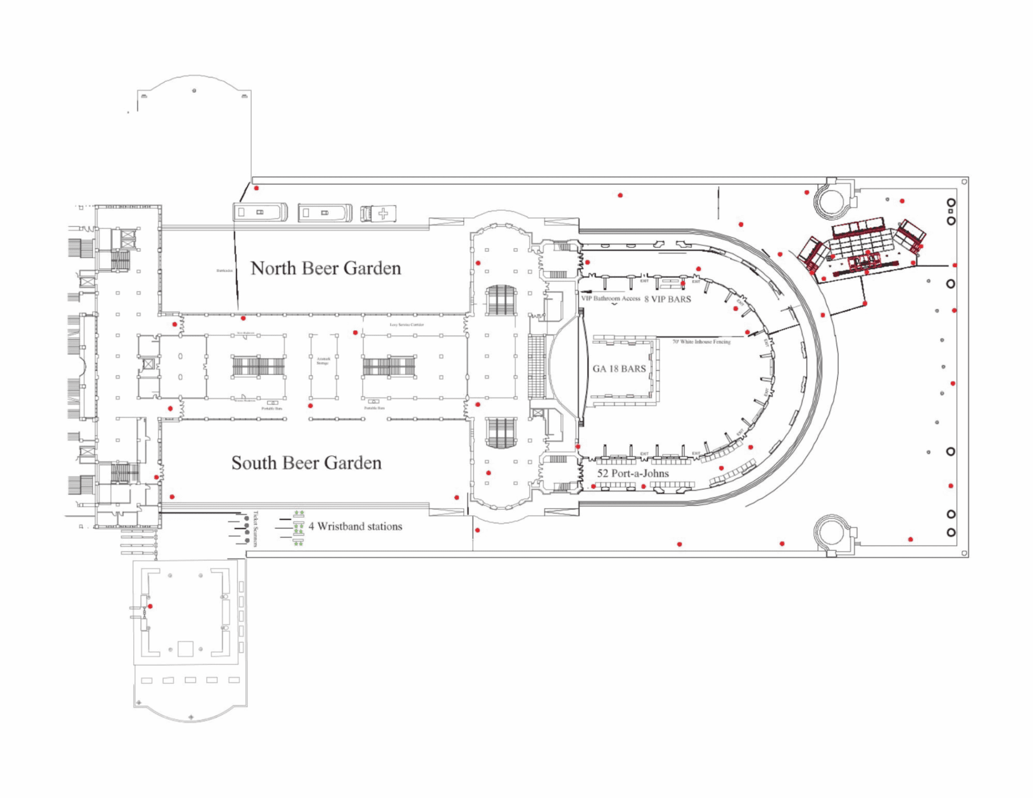 Site plan diagram labeled North Beer Garden South Beer Garden and stage area