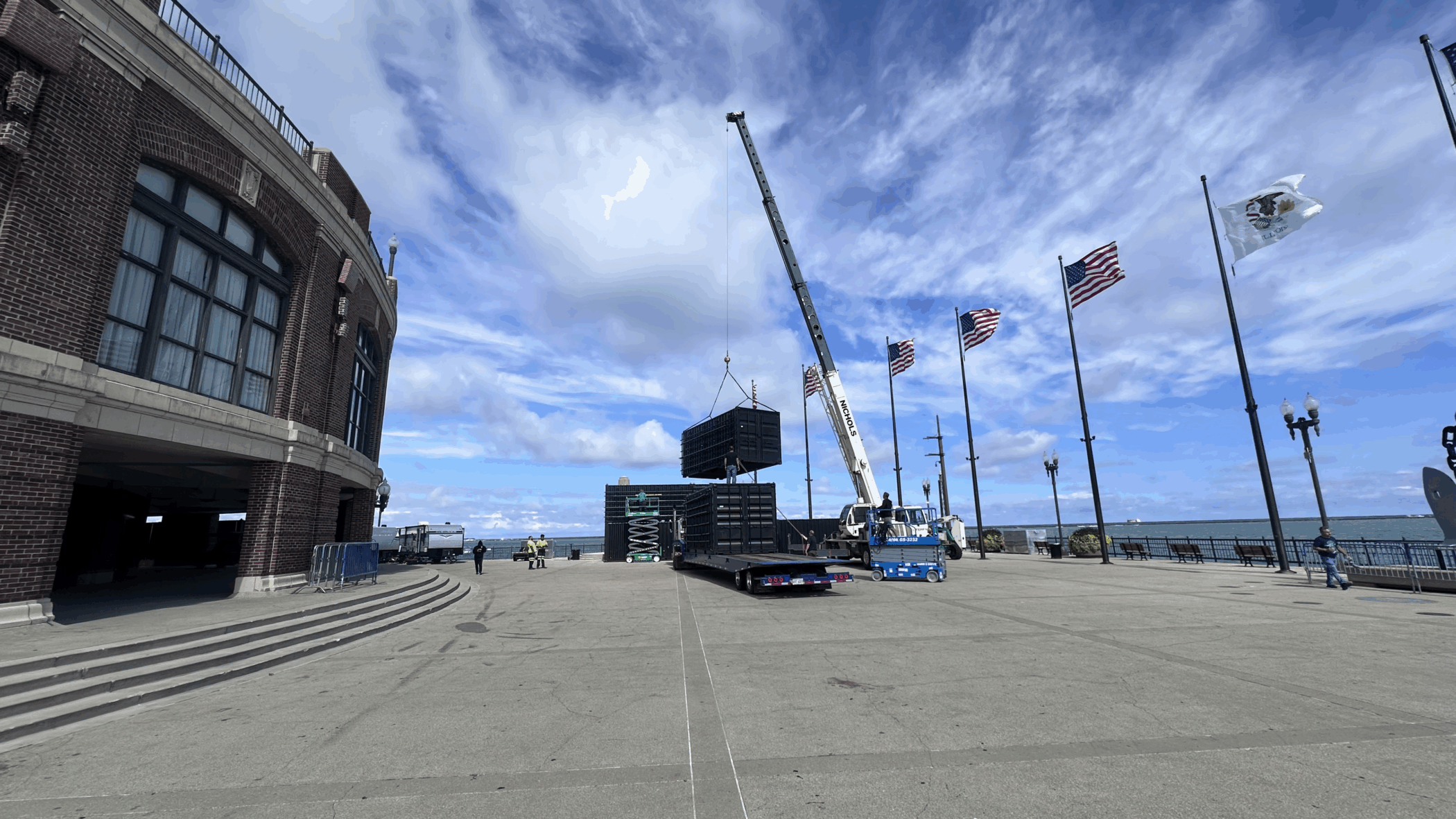Site setup for East End Plaza showing stage and equipment placement