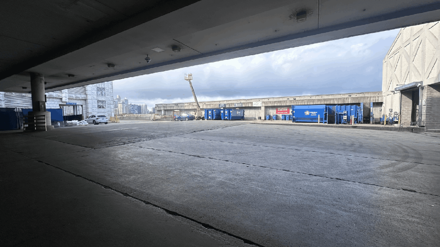 Festival Hall loading area at Navy Pier in Chicago with skyline view