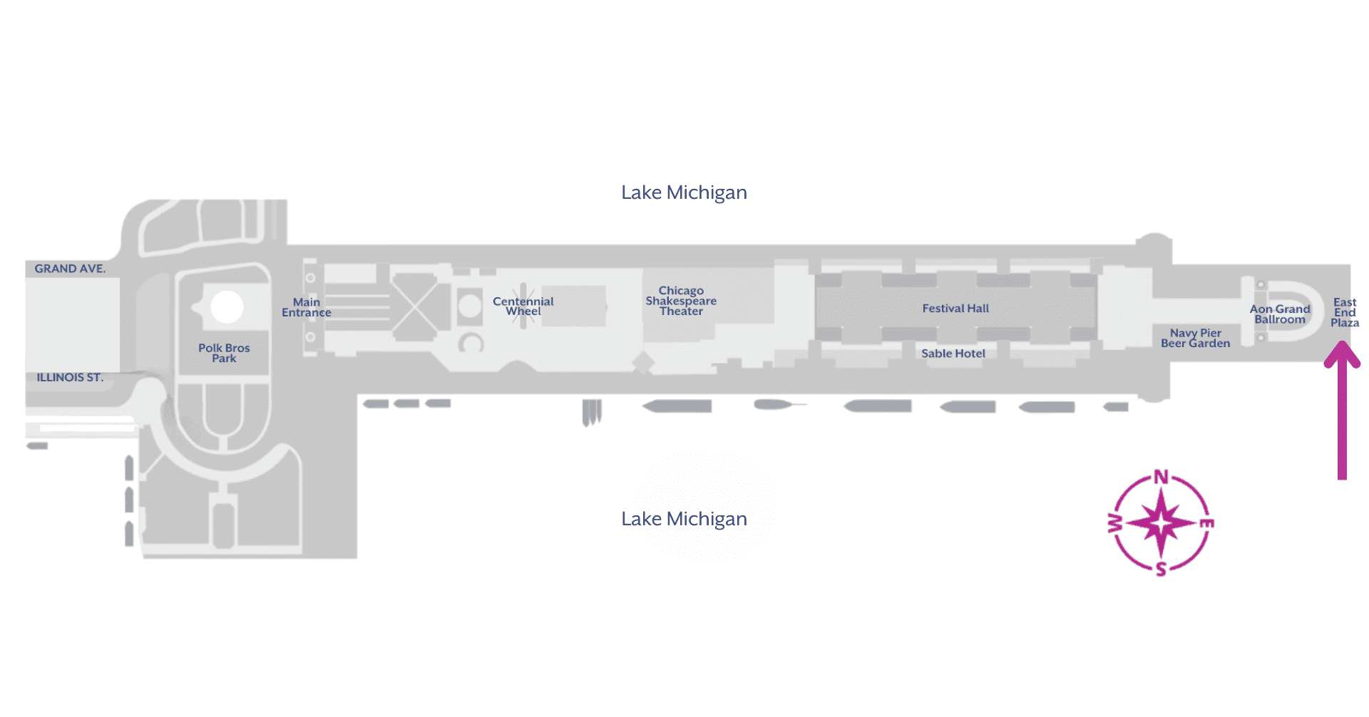Map of Navy Pier showcasing attractions including East End Plaza and Centennial Wheel.