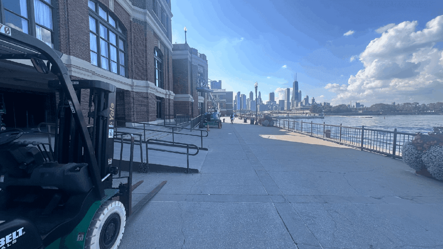 Scenic view of the Navy Pier promenade with city skyline in background, perfect for events.