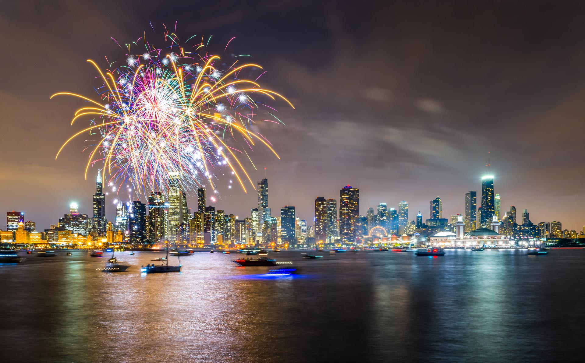 Chicago Holiday Fireworks Signature Dinner Cruise with fireworks over Lake Michigan