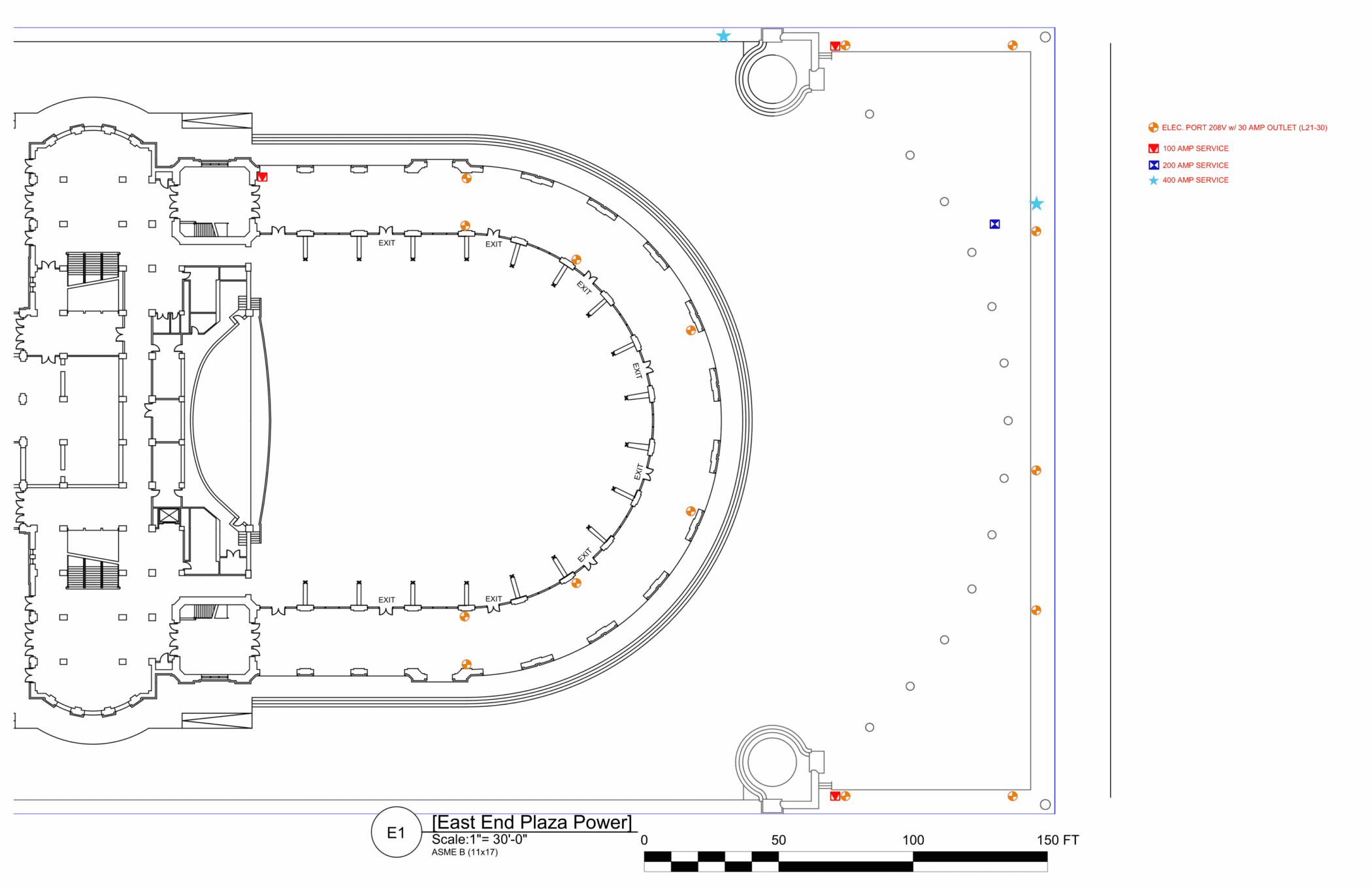 Architectural plan drawing showing power layout for East End Plaza area