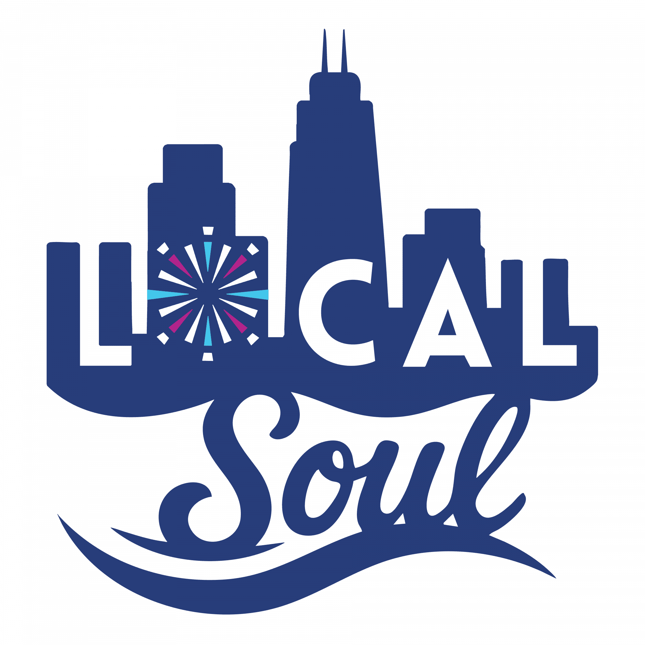 Local Soul logo with Chicago skyline and fireworks in teal and blue