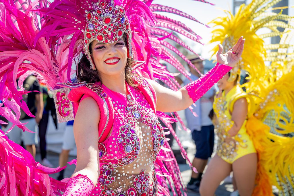 Performer in a bright pink feathered costume at a Navy Pier live event