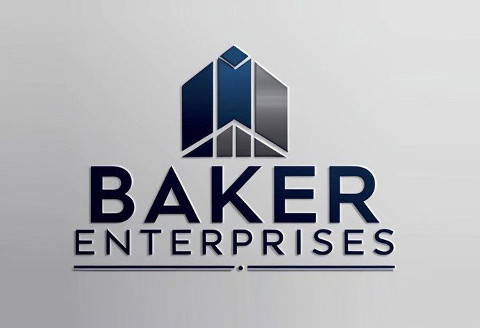 Baker Enterprises logo with building icon on dark blue background