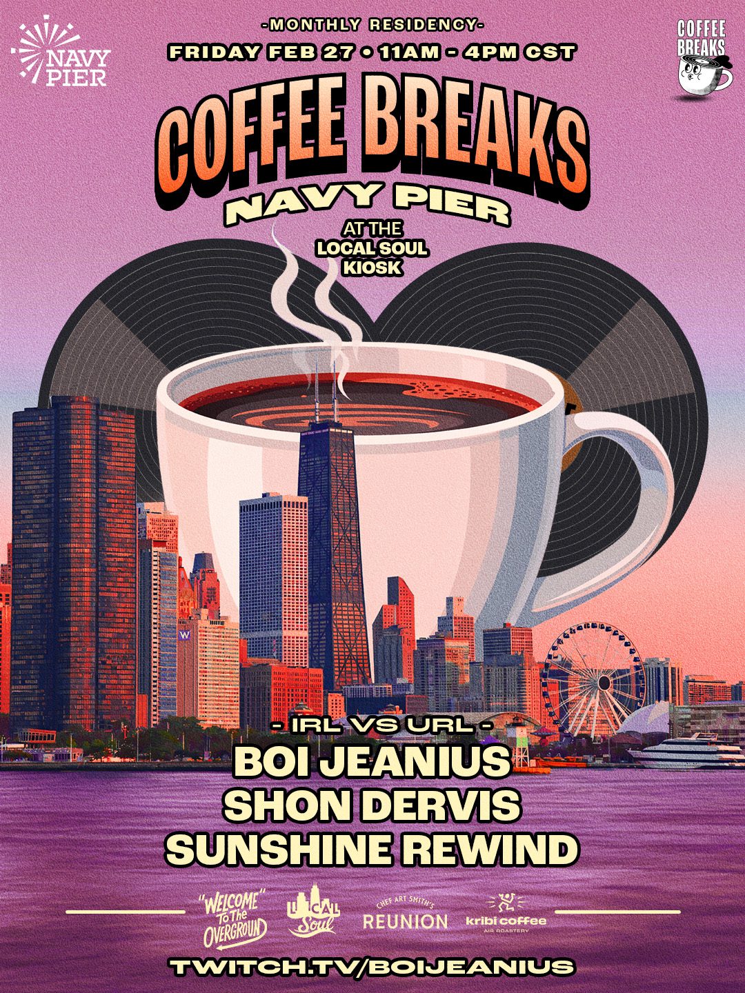 Event poster for Coffee Breaks at Navy Pier featuring a coffee cup and skyline.
