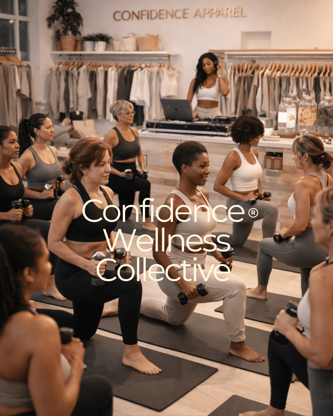 Women in a group fitness class wearing Confidence Apparel brand clothing