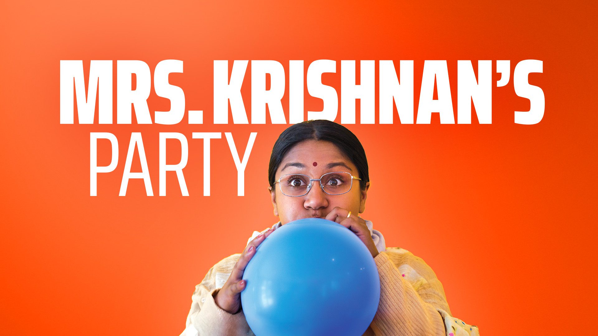 Mrs. Krishnan's Party show key art with woman holding a balloon