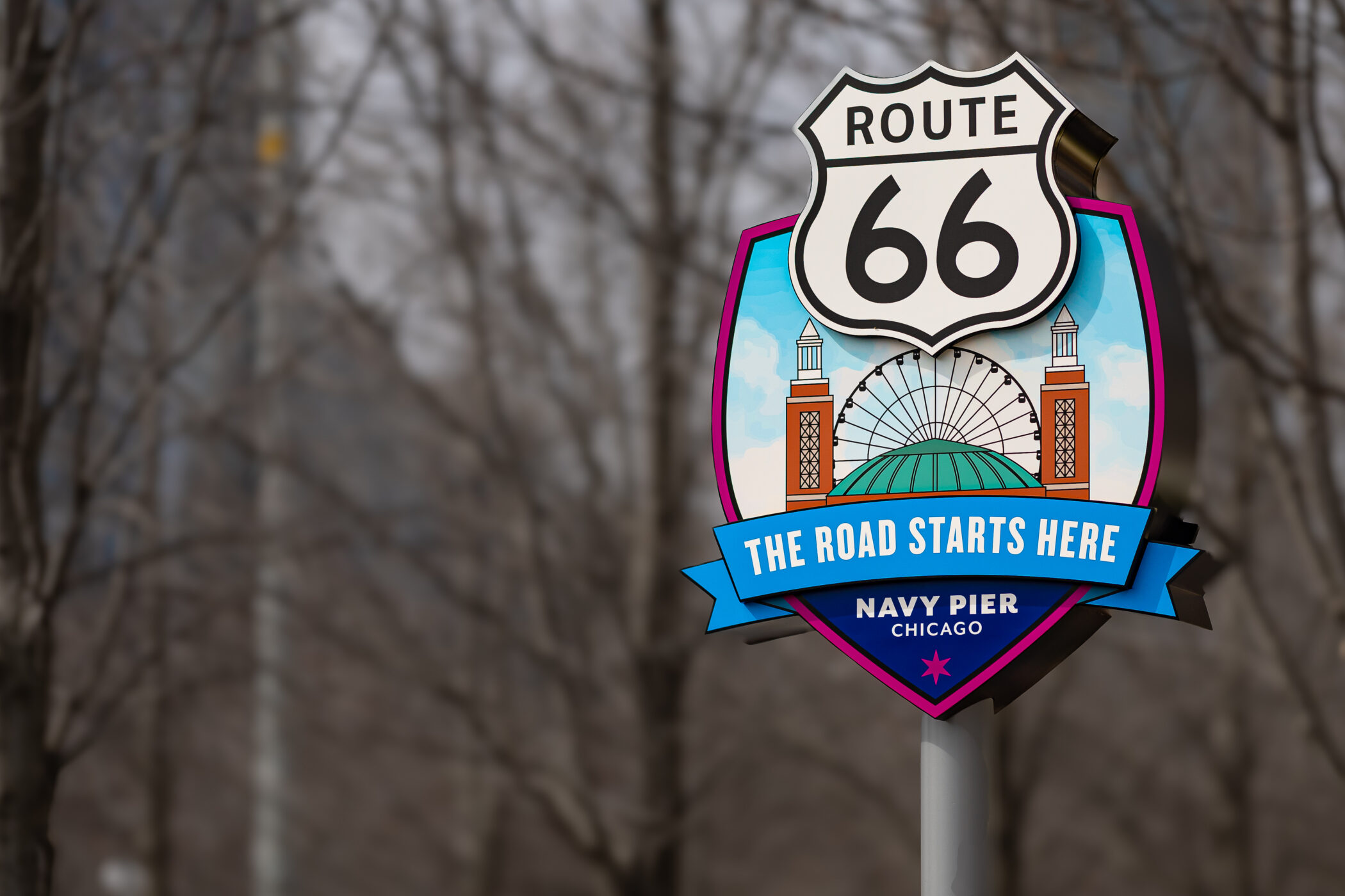 Route 66 Centennial decorative sign installed on the grounds at Navy Pier Chicago