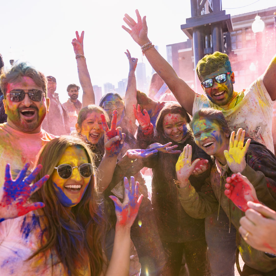 Group photo of people enjoying Holi at Navy Pier