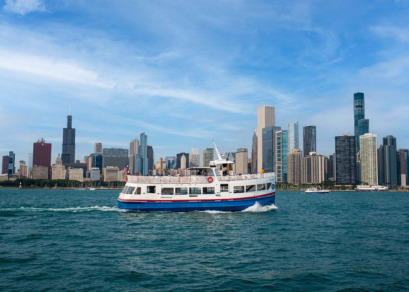 Shoreline Sightseeing boat cruising Lake Michigan by the Chicago skyline