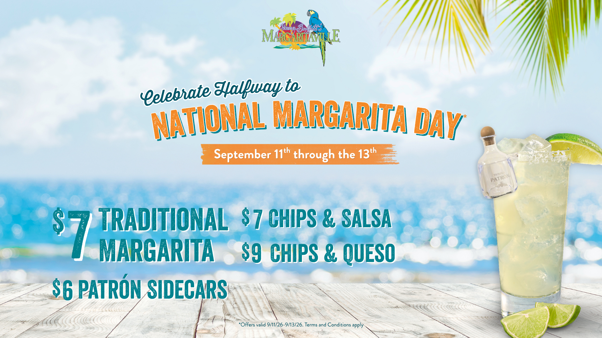 Margaritaville Halfway to National Margarita Day offers for September 11 to 13
