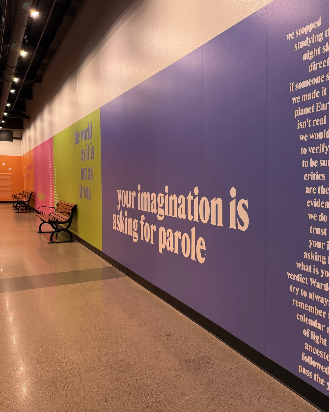 Purple wall text reading your imagination is asking for parole